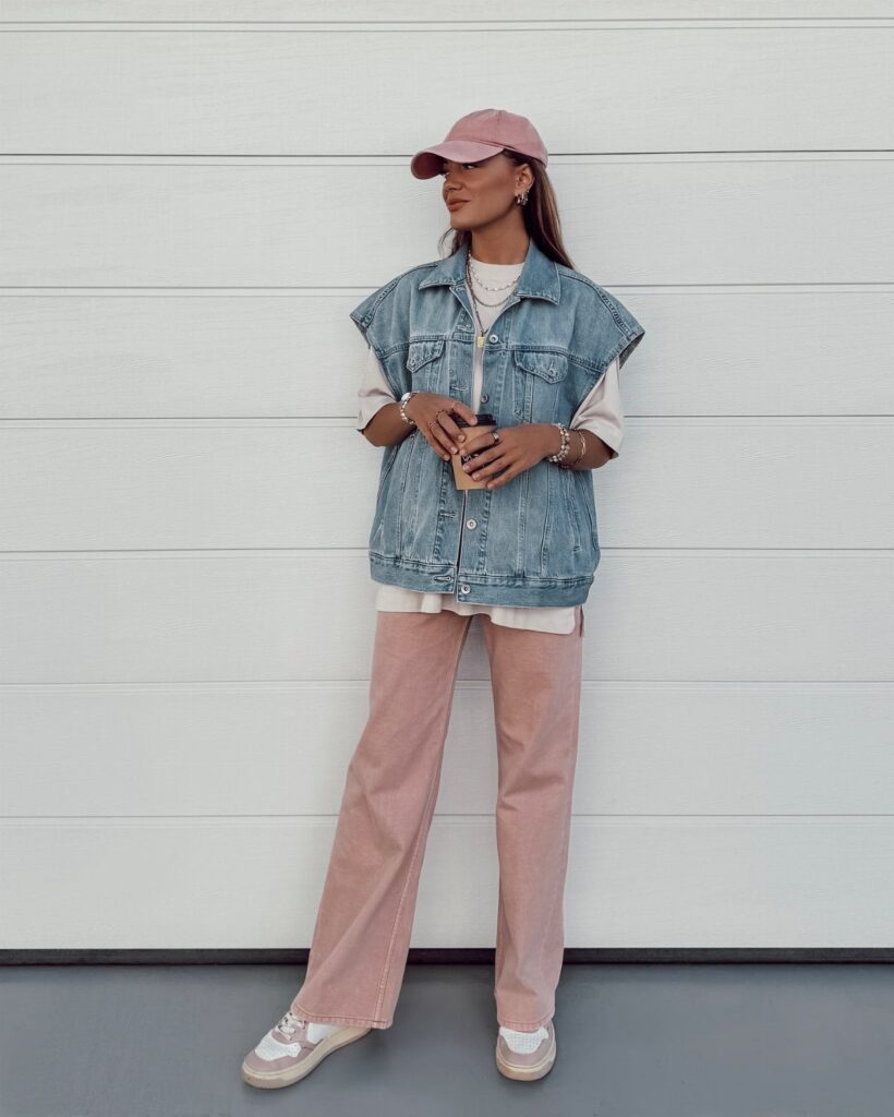 Woman wearing a denim vest, light pink pants, and a pink baseball cap.