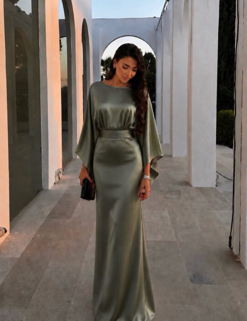 Woman in a sage green satin long sleeve evening dress standing between white columns
