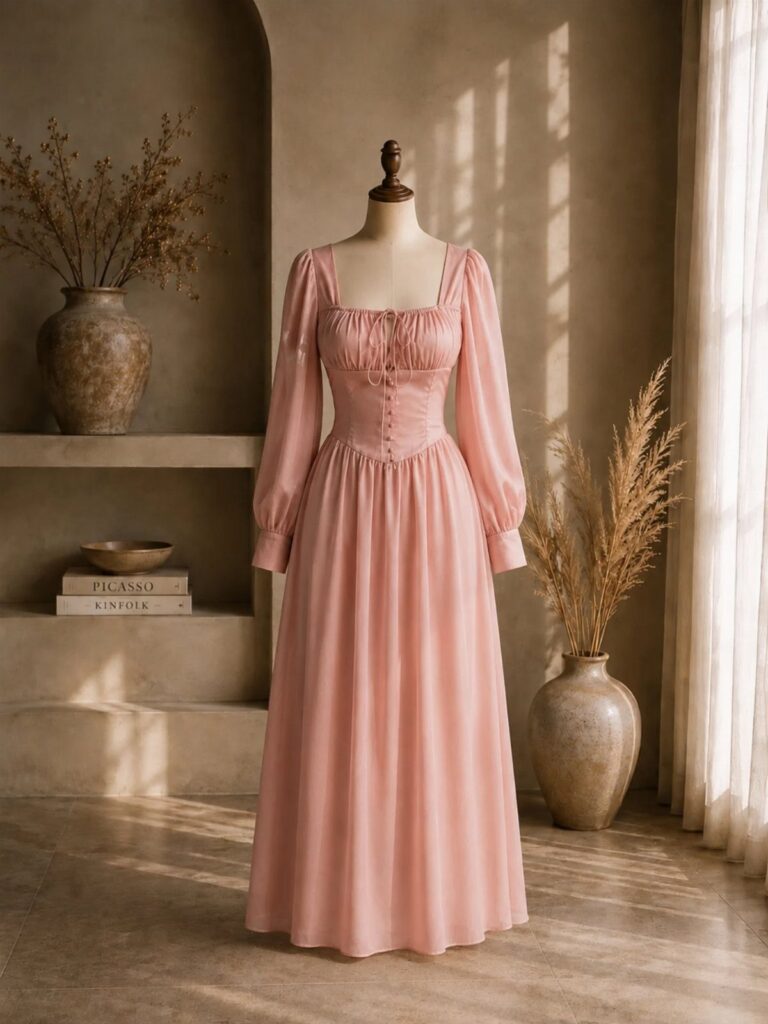 Light pink long dress with puffed sleeves on a mannequin in a rustic room
