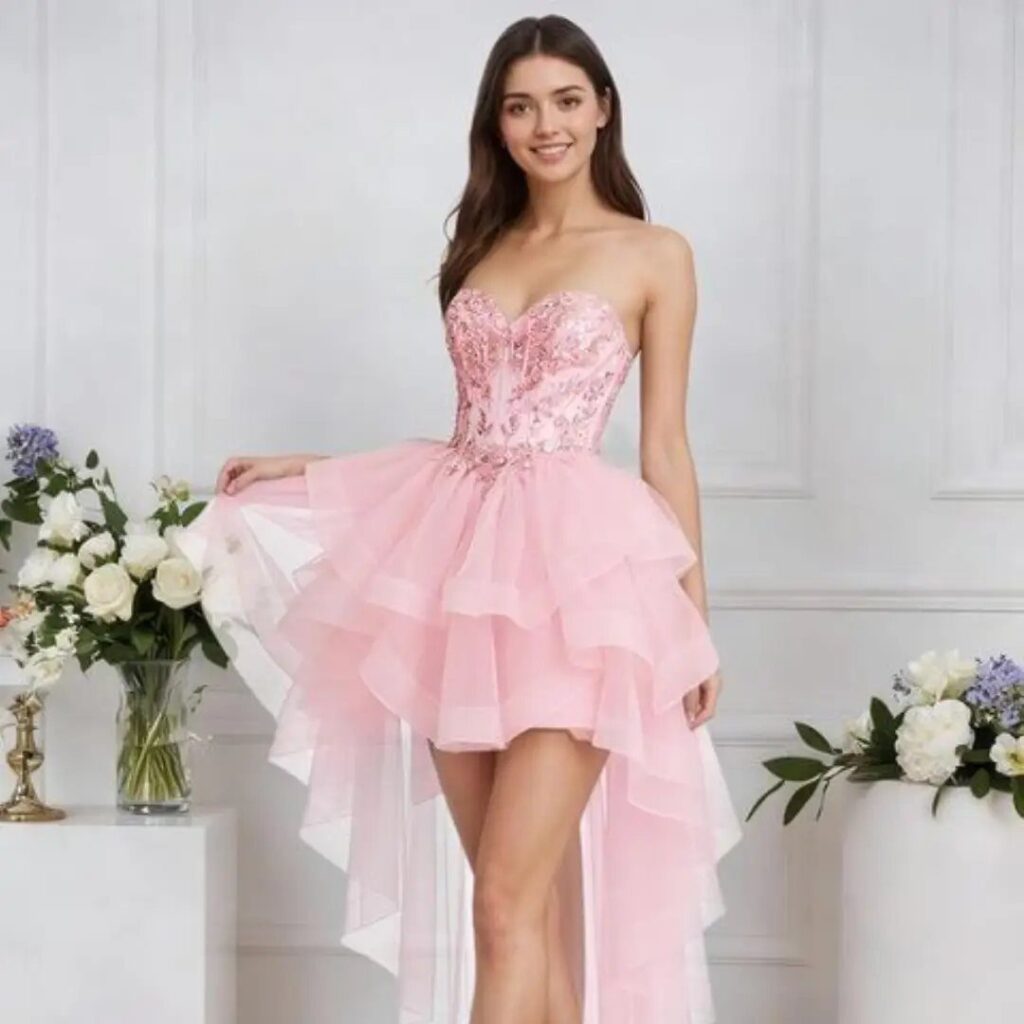 Woman in a pink strapless high-low dress with a lace bodice and tulle train.