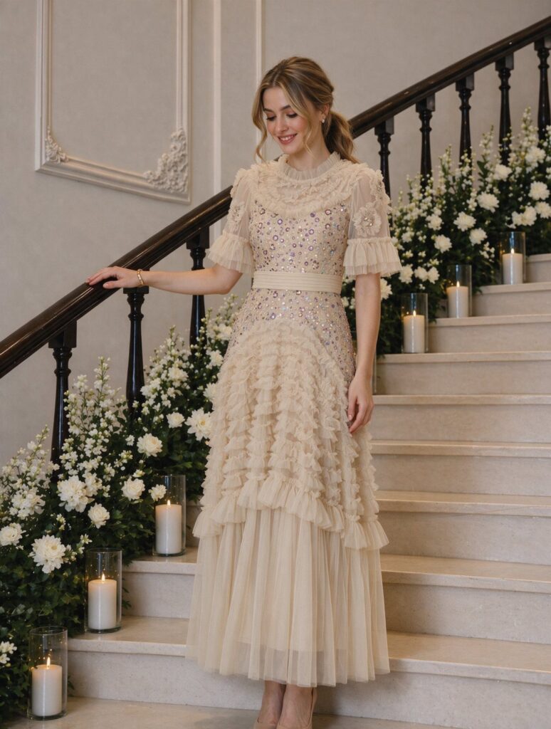 Woman in a champagne ruffled luxury gown standing on a candlelit floral staircase.