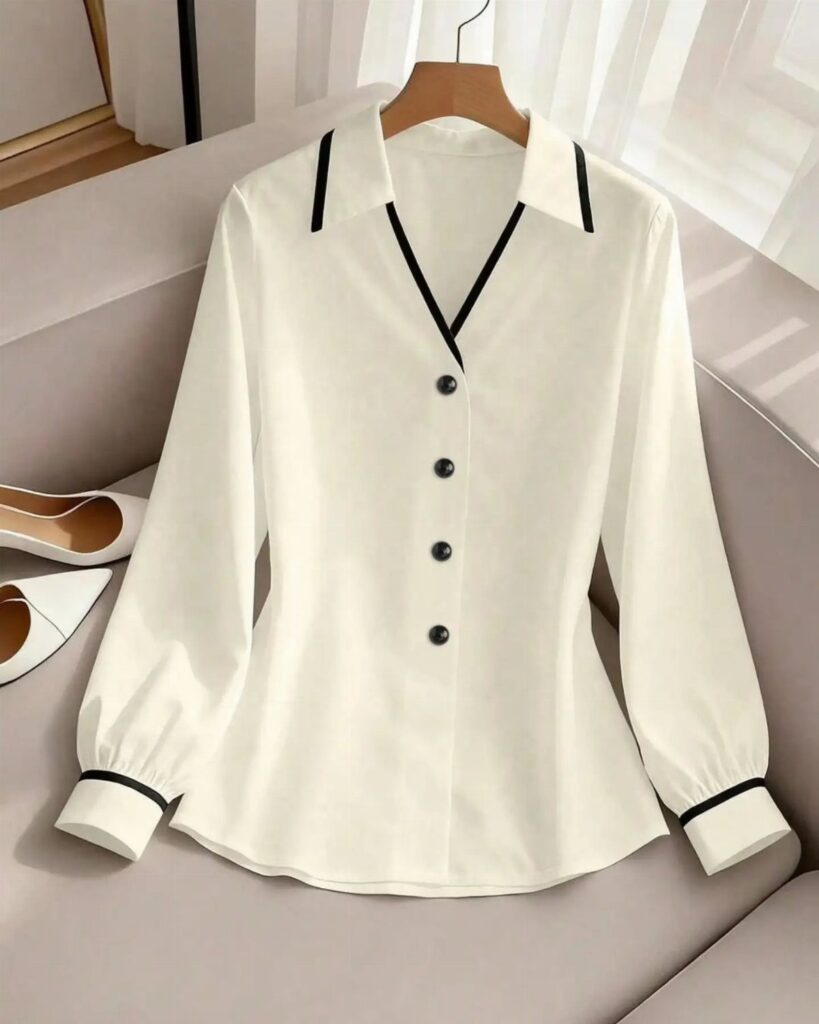 White collared work shirt with black trim and buttons on a hanger.