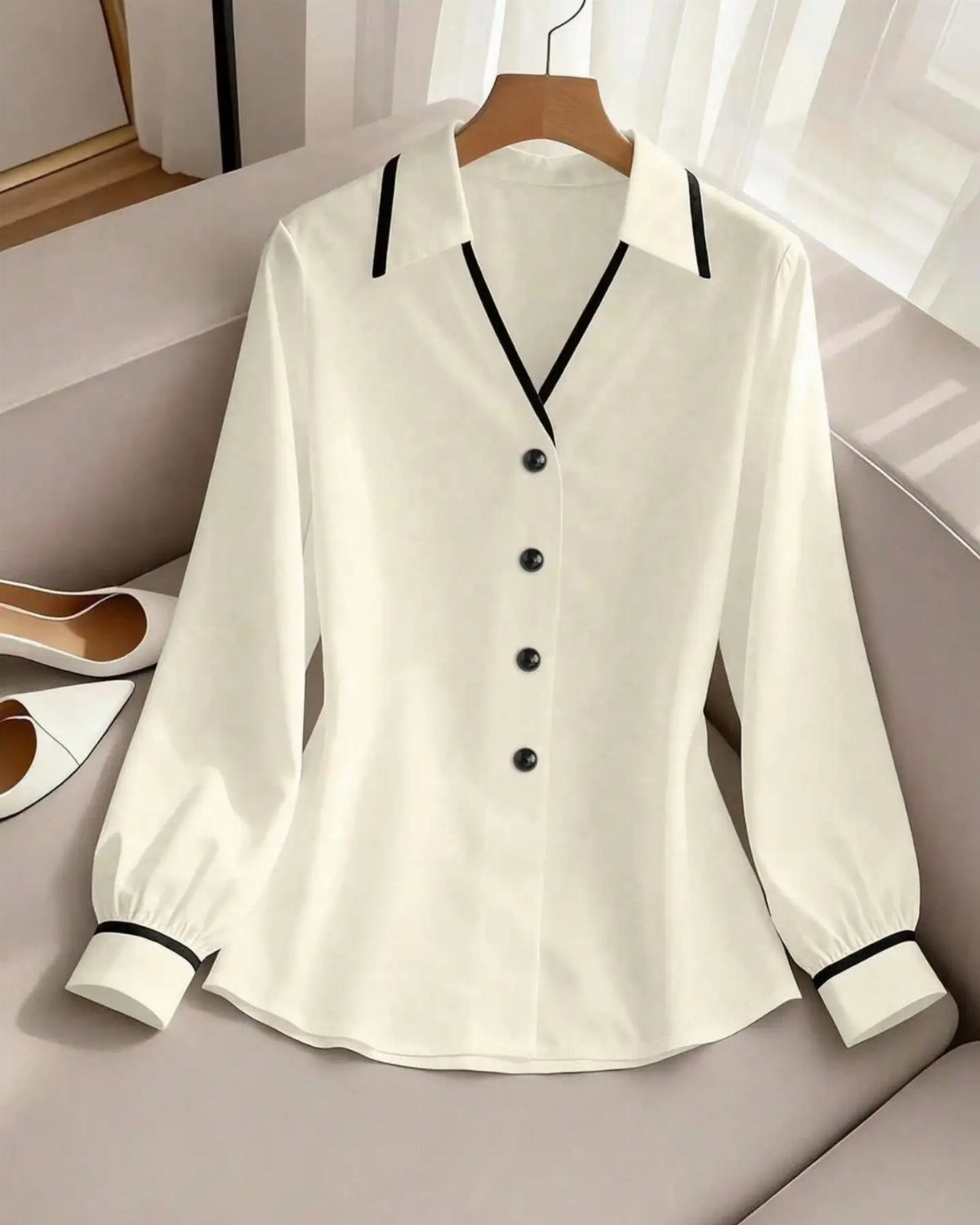 White collared work shirt with black trim and buttons on a hanger.