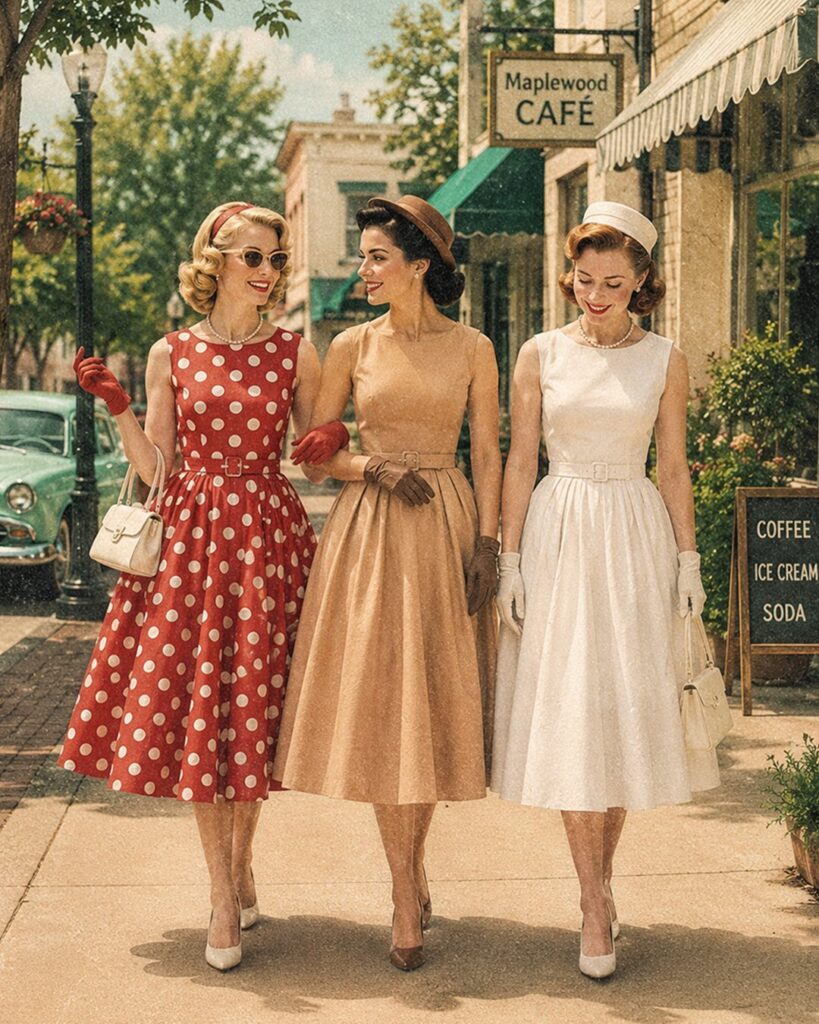 Three women in vintage 1950s style dresses walking past a city cafe.