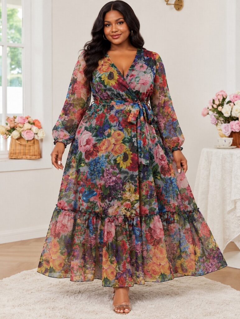 Plus-size woman in a colorful floral wrap midi dress and clear strappy sandals.