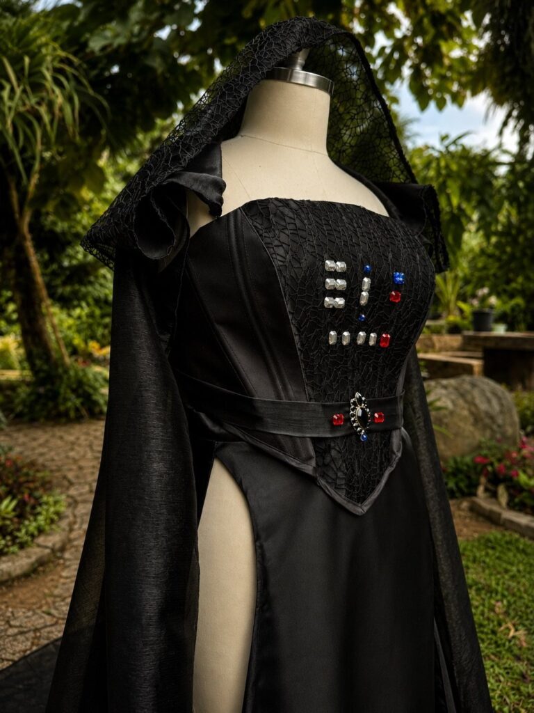 Black Star Wars inspired gown with lace hood and jewels on a mannequin.